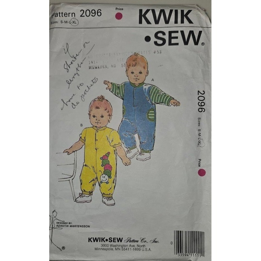 Kwik Sew 2096 Baby Jumpsuit Sewing Pattern Sizes S-XL 0-18 Months Vintage 1991